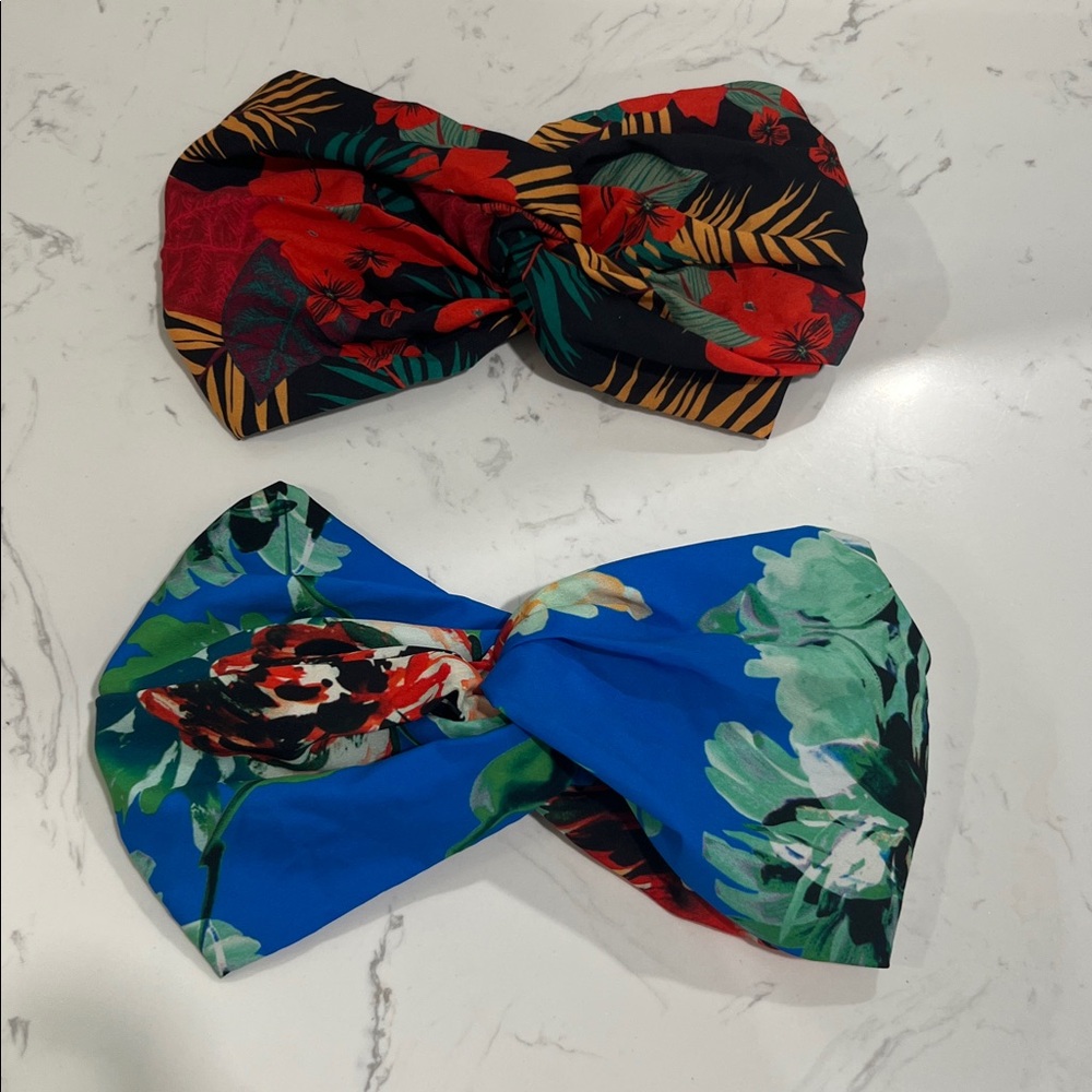 Zara Floral Twist Headwraps Set - Black/Red & Bright Blue/Green